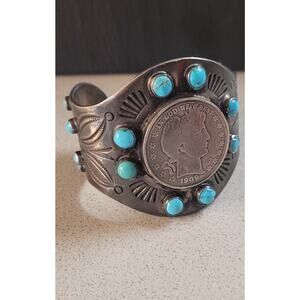 Vintage Navajo sterling silver 1909 Barber half dollar turquoise cuff bracelet!
